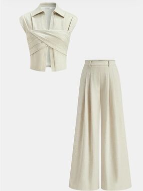 Commense Cream Wide-Leg Pleated Trousers linen set